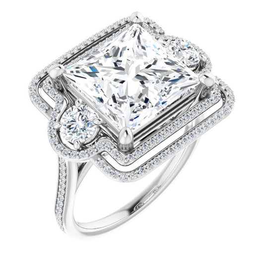 10K White Gold Customizable Enhanced 3-stone Double-Halo Style with Princess/Square Cut Center and Thin Band