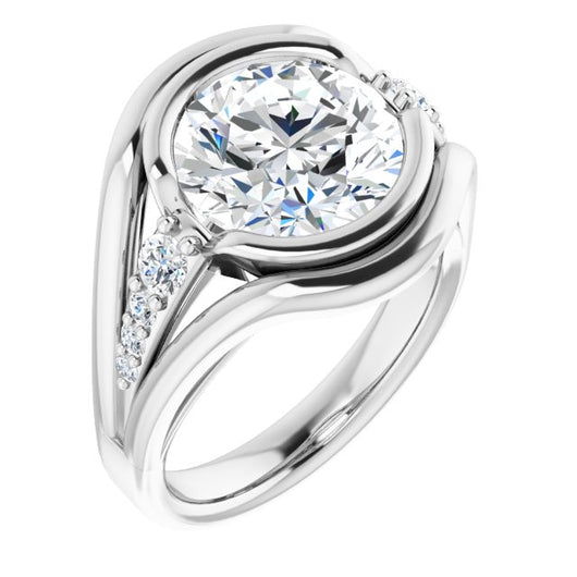 10K White Gold Customizable 9-stone Round Cut Design with Bezel Center, Wide Band and Round Prong Side Stones