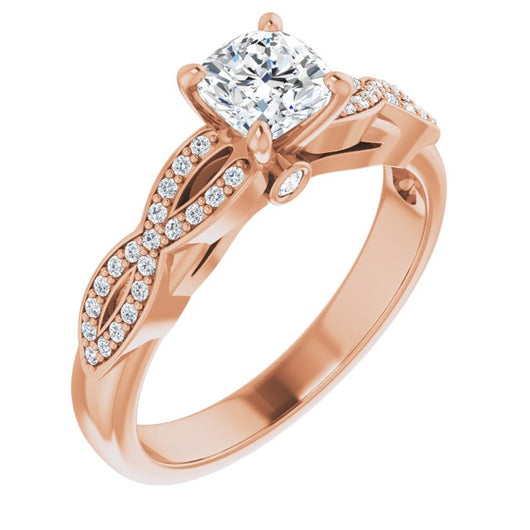 10K Rose Gold Customizable Cushion Cut Design featuring Infinity Pavé Band and Round-Bezel Peekaboos