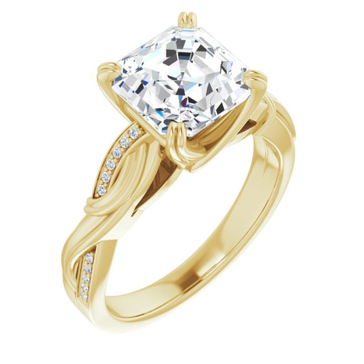 10K Yellow Gold Customizable Cathedral-raised Asscher Cut Design featuring Rope-Braided Half-Pavé Band