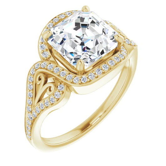 10K Yellow Gold Customizable Asscher Cut Design with Bypass Halo and Split-Shared Prong Band