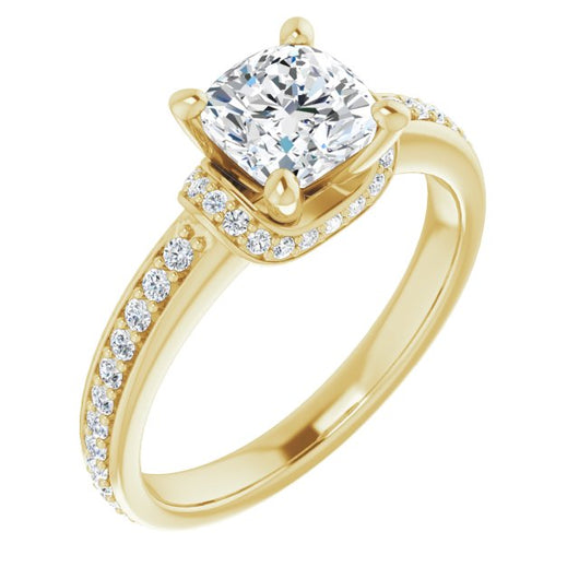 10K Yellow Gold Customizable Cushion Cut Setting with Organic Under-halo & Shared Prong Band