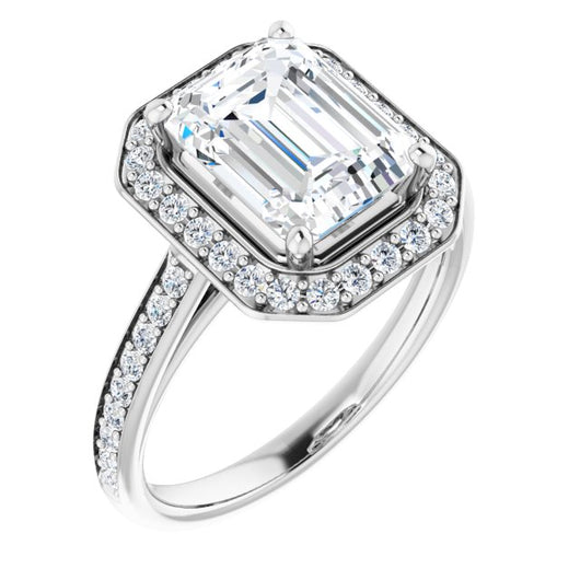 10K White Gold Customizable Cathedral-raised Emerald/Radiant Cut Halo-and-Accented Band Design