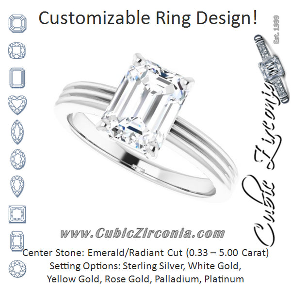 Cubic Zirconia Engagement Ring- The Davina (Customizable Emerald Cut Solitaire with Double-Grooved Band)