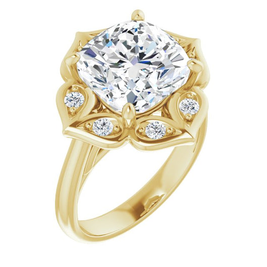 10K Yellow Gold Customizable Cathedral-raised Cushion Cut Design with Star Halo & Round-Bezel Peekaboo Accents