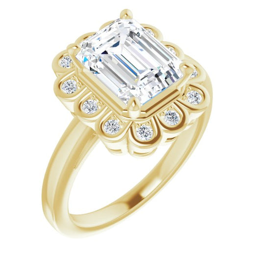 10K Yellow Gold Customizable 9-stone Emerald/Radiant Cut Design with Round Bezel Side Stones