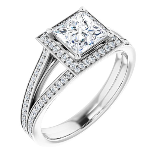 10K White Gold Customizable Princess/Square Cut Design with Split-Band Shared Prong & Halo