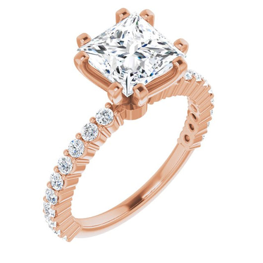 10K Rose Gold Customizable 8-prong Princess/Square Cut Design with Thin, Stackable Pav? Band