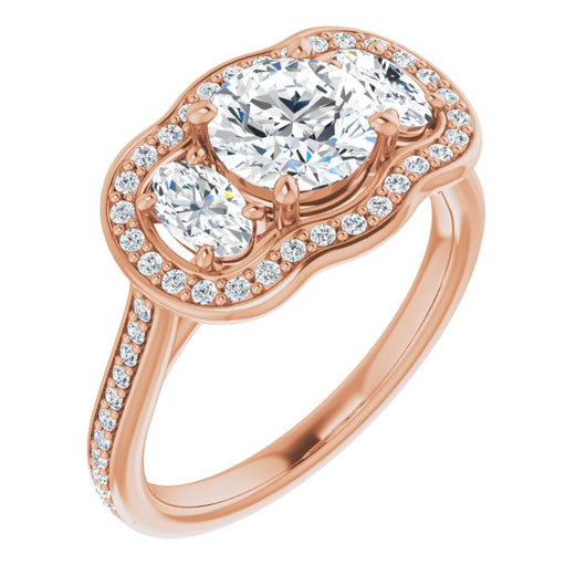 10K Rose Gold Customizable Round Cut Style with Oval Cut Accents, 3-stone Halo & Thin Shared Prong Band