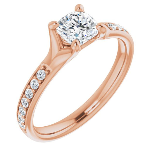 10K Rose Gold Customizable Heavy Prong-Set Cushion Cut Style with Round Cut Band Accents