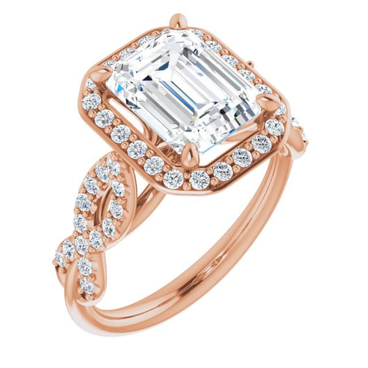 10K Rose Gold Customizable Cathedral-Halo Emerald/Radiant Cut Design with Artisan Infinity-inspired Twisting Pavé Band