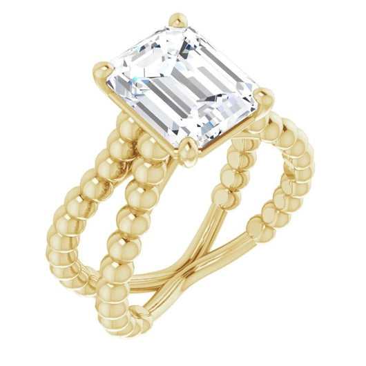 10K Yellow Gold Customizable Emerald/Radiant Cut Solitaire with Wide Beaded Split-Band