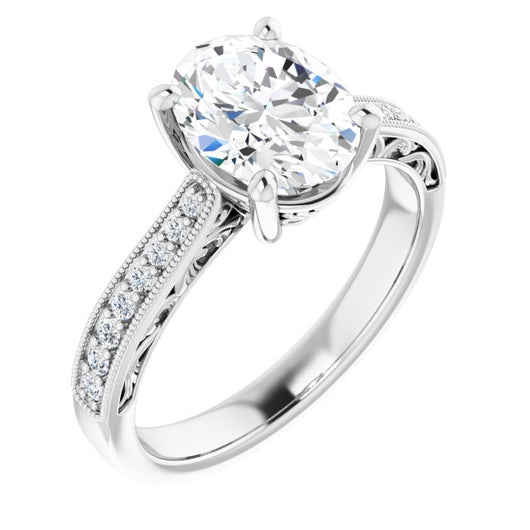 10K White Gold Customizable Oval Cut Design with Round Band Accents and Three-sided Filigree Engraving