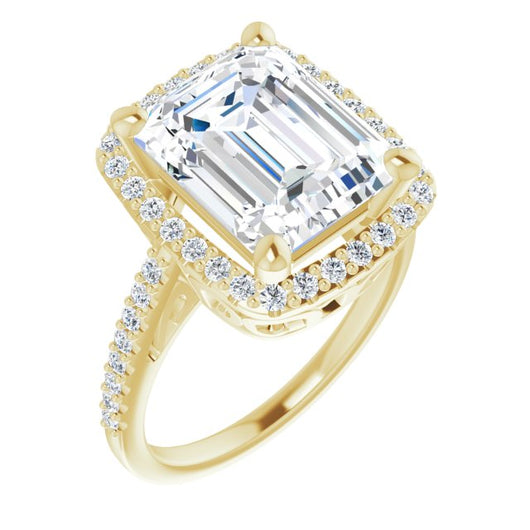 10K Yellow Gold Customizable Cathedral-Crown Emerald/Radiant Cut Design with Halo and Accented Band