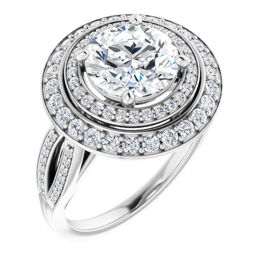 10K White Gold Customizable Cathedral-style Round Cut Design with Double Halo & Split-Pavé Band