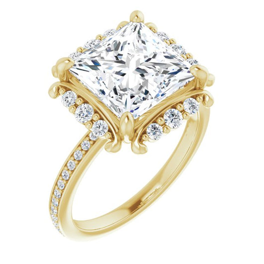 10K Yellow Gold Customizable Princess/Square Cut Style with Halo and Thin Shared Prong Band