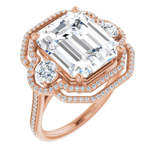 10K Rose Gold Customizable Enhanced 3-stone Double-Halo Style with Emerald/Radiant Cut Center and Thin Band