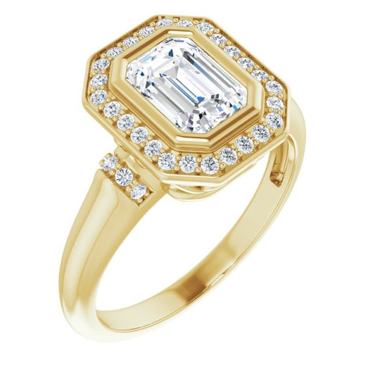 10K Yellow Gold Customizable Bezel-set Emerald/Radiant Cut Design with Halo and Vertical Round Channel Accents