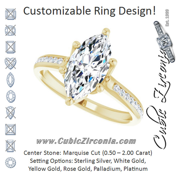 Cubic Zirconia Engagement Ring- The Alyssa Love (Customizable 6-prong Marquise Cut Design with Round Channel Accents)