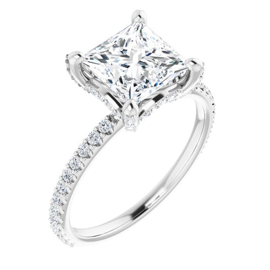 10K White Gold Customizable Princess/Square Cut Design with Round-Accented Band, Micropav? Under-Halo and Decorative Prong Accents)