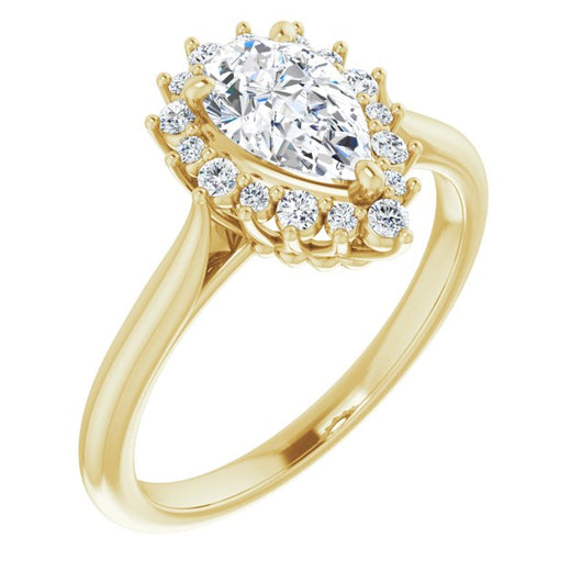 10K Yellow Gold Customizable Crown-Cathedral Pear Cut Design with Clustered Large-Accent Halo & Ultra-thin Band