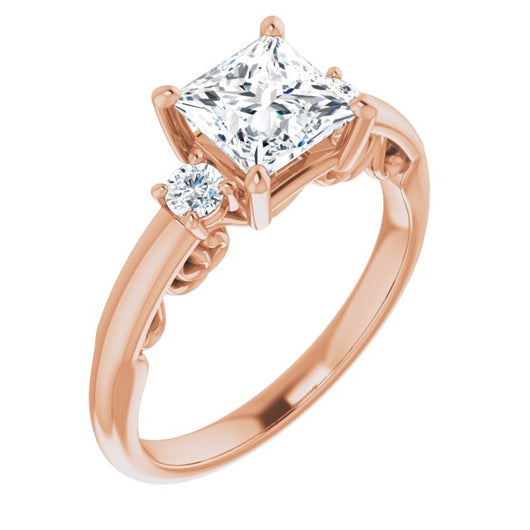 10K Rose Gold Customizable Princess/Square Cut 3-stone Style featuring Heart-Motif Band Enhancement