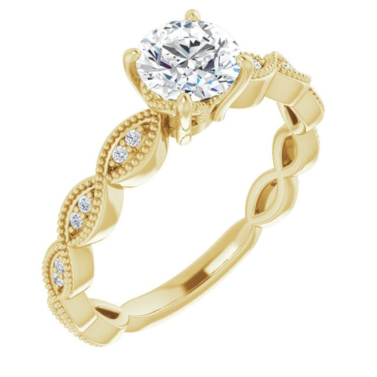 10K Yellow Gold Customizable Round Cut Artisan Design with Scalloped, Round-Accented Band and Milgrain Detail