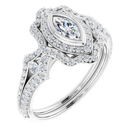 10K White Gold Customizable Marquise Cut Style with Ultra-wide Pavé Split-Band and Nature-Inspired Double Halo