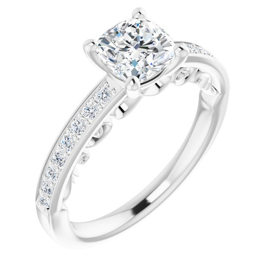 10K White Gold Customizable Cushion Cut Design featuring 3-Sided Infinity Trellis and Round-Channel Accented Band