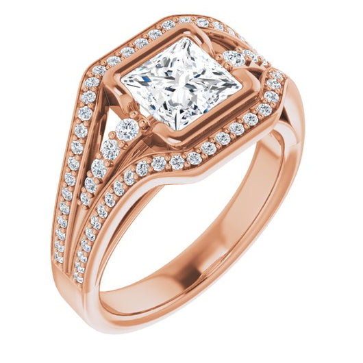 10K Rose Gold Customizable Cathedral-Bezel Princess/Square Cut Design with Wide Triple-Split-Pavé Band