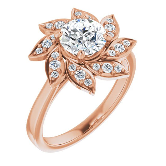 10K Rose Gold Customizable Round Cut Design with Artisan Floral Halo