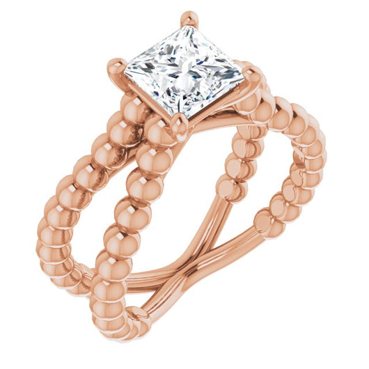 10K Rose Gold Customizable Princess/Square Cut Solitaire with Wide Beaded Split-Band