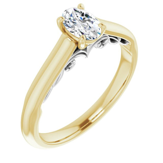 14K Yellow & White Gold Customizable Oval Cut Cathedral Solitaire with Two-Tone Option Decorative Trellis 'Down Under'