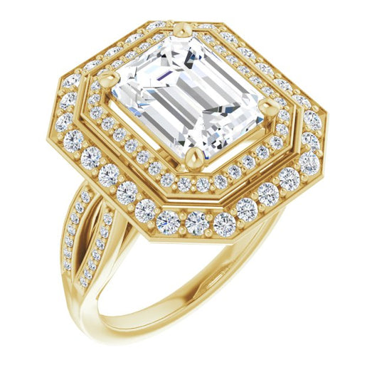 10K Yellow Gold Customizable Cathedral-style Emerald/Radiant Cut Design with Double Halo & Split-Pavé Band