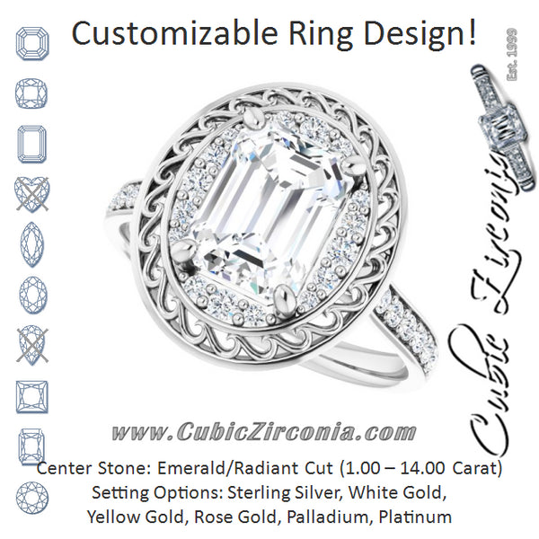 Cubic Zirconia Engagement Ring- The Ariané Contessa (Customizable Cathedral-style Emerald Cut featuring Cluster Accented Filigree Setting & Shared Prong Band)