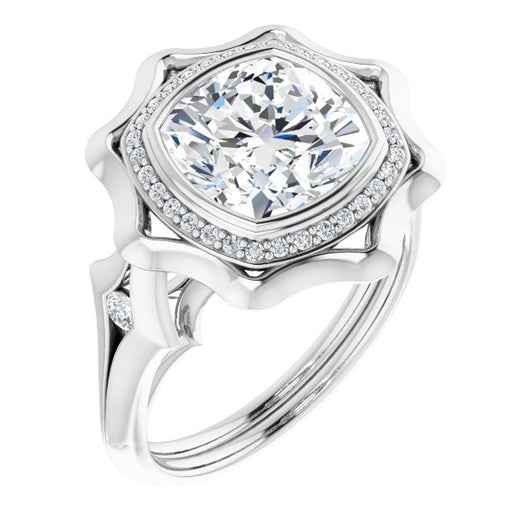 10K White Gold Customizable Bezel-set Cushion Cut with Halo & Oversized Floral Design