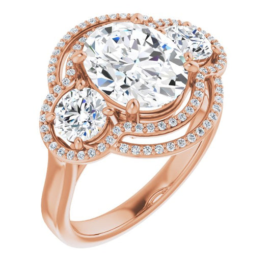 10K Rose Gold Customizable Cathedral-set Enhanced 3-stone Oval Cut Design with Multidirectional Halo