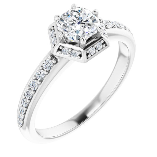 10K White Gold Customizable Cushion Cut Design with Geometric Under-Halo and Shared Prong Band