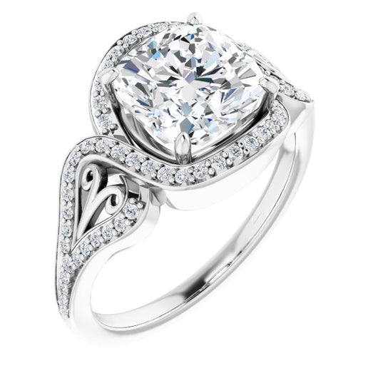 10K White Gold Customizable Cushion Cut Design with Bypass Halo and Split-Shared Prong Band