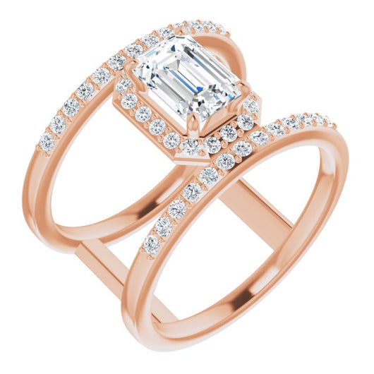 10K Rose Gold Customizable Emerald/Radiant Cut Halo Design with Open, Ultrawide Harness Double Pavé Band