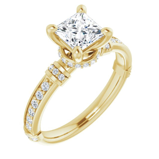 10K Yellow Gold Customizable Princess/Square Cut Style featuring Under-Halo, Shared Prong and Quad Horizontal Band Accents