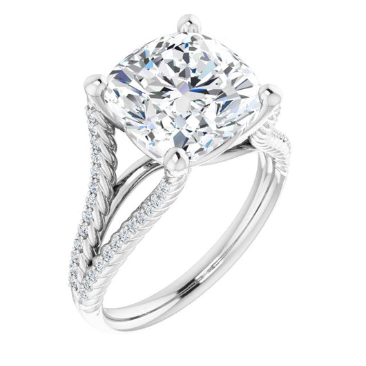 10K White Gold Customizable Cushion Cut Style with Split Band and Rope-Pavé