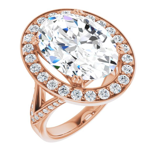 10K Rose Gold Customizable Oval Cut Center with Large-Accented Halo and Split Shared Prong Band