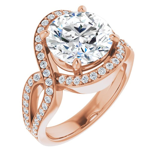 10K Rose Gold Customizable Round Cut Center with Infinity-inspired Split Shared Prong Band and Bypass Halo