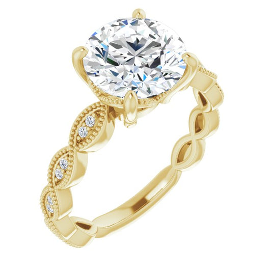 10K Yellow Gold Customizable Round Cut Artisan Design with Scalloped, Round-Accented Band and Milgrain Detail