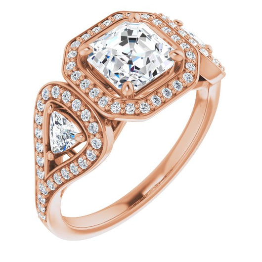 10K Rose Gold Customizable Cathedral-set Asscher Cut Design with 2 Trillion Cut Accents, Halo and Split-Shared Prong Band