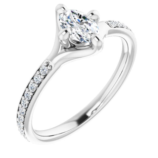 10K White Gold Customizable Oval Cut Design featuring Thin Band and Shared-Prong Round Accents