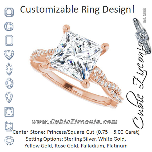 Cubic Zirconia Engagement Ring- The Alelli (Customizable Princess/Square Cut Style with Thin and Twisted Micropavé Band)