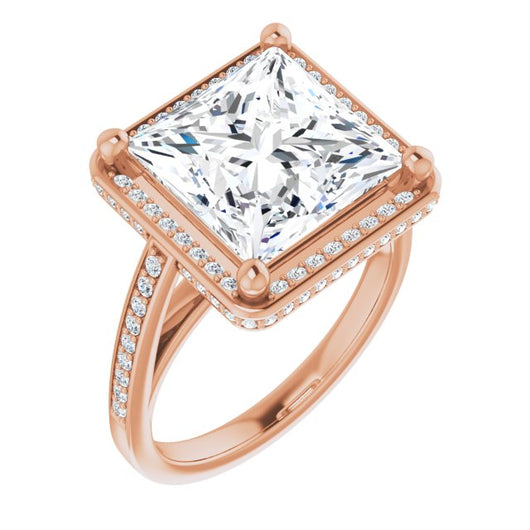 10K Rose Gold Customizable Cathedral-Halo Princess/Square Cut Design with Under-halo & Shared Prong Band