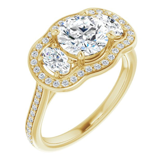 10K Yellow Gold Customizable Round Cut Style with Oval Cut Accents, 3-stone Halo & Thin Shared Prong Band